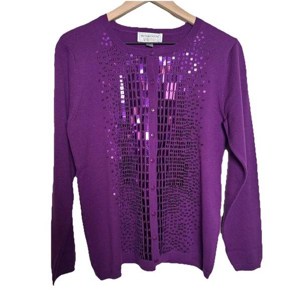 Victor Costa Purple Sequin Sweatshirt Cardigan Party Holiday - Picture 1 of 12